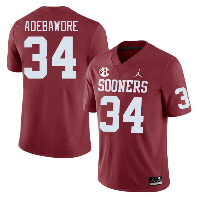 #34 Adepoju Adebawore Oklahoma Sooners 2024 SEC Conference College Football Jerseys-Crimson